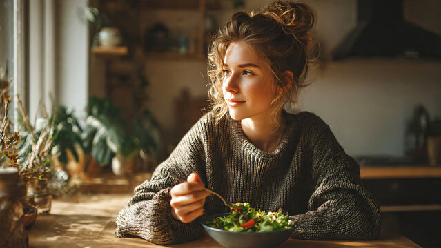 Young woman enjoying a healthy salad in a cozy modern kitchen during lunchtime, sitting at a clean dining table with fresh ingredients visible.