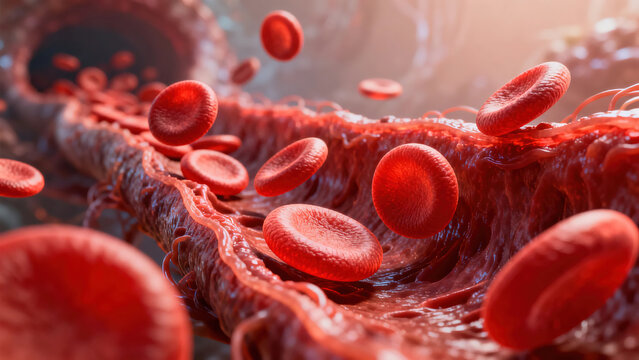 A high-definition, realistic artistic rendering of human red blood cells, with biconcave discs flowing through blood vessels, suitable for medical demonstrations and health promotion activities.