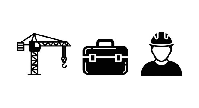 Construction worker with crane and toolbox.
