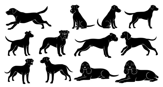 Collection of black silhouette dog breeds in various poses