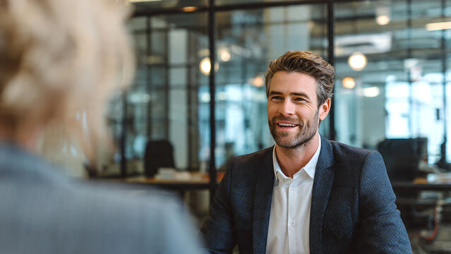 Job candidate engaging in a meaningful conversation during a modern office interview, sitting across from a recruiter in a bright, contemporary workspace. Professional business attire.