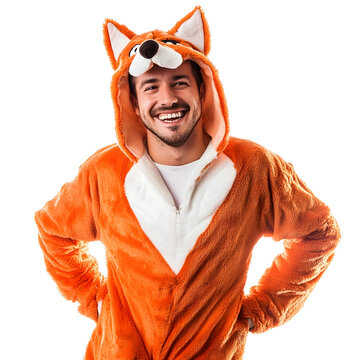 Front view of a man in a fox costume smiling studio shot isolated on a white transparent background