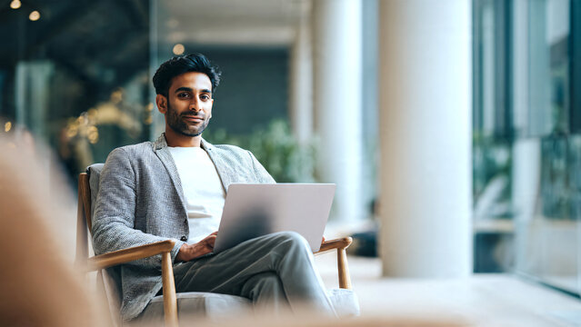 Indian male business executive sitting on a chair working on a laptop in a modern office, focused on remote studying, virtual training, or watching an online webinar.