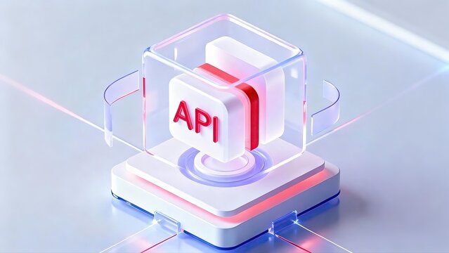 Transparent glowing 3D cube with red API text on light digital background represents modern application programming interface and technology development