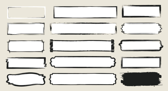 Set of twenty decorative rectangular frames features various hand-drawn grunge textures and ink border styles for creative text boxes.