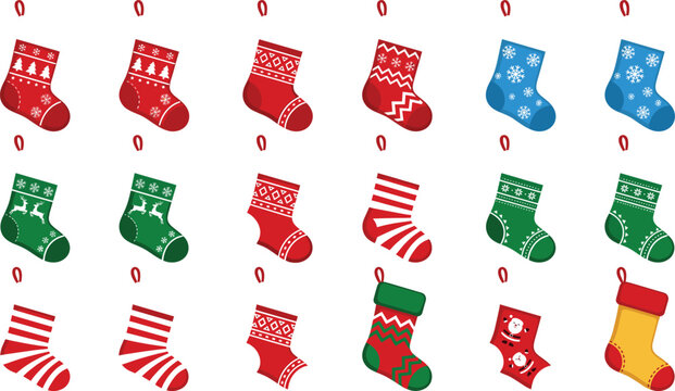 Christmas Stocking Icon Set with Holiday Patterns in Red, Green, and Blue for Christmas, Winter, and Festive Illustrations