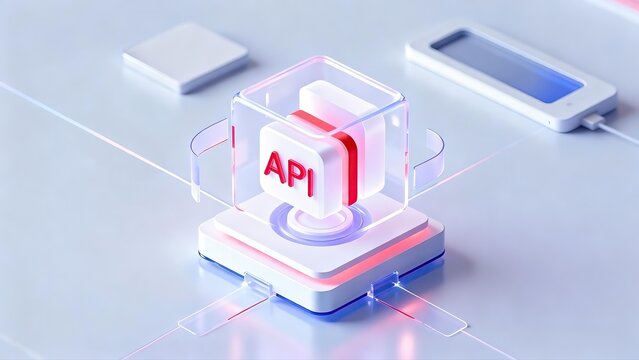 Glowing 3D transparent API cube on light clean tech background connected to digital devices represents simple modern application programming interface concept
