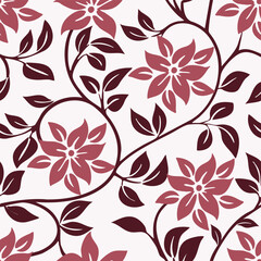 Fototapeta premium Elegant seamless floral pattern with pink flowers and deep maroon leaves on a white background. Sophisticated botanical damask design perfect for luxury textiles, wallpaper, and classic decor.