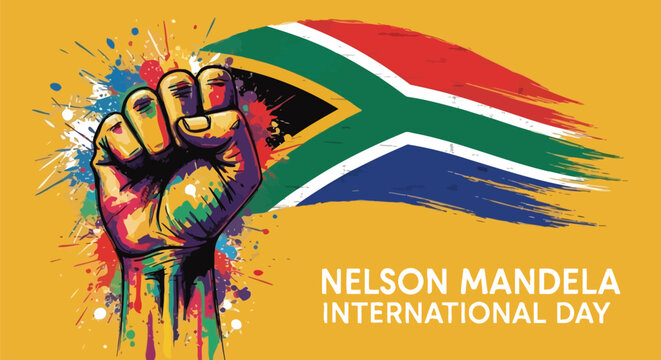 Nelson Mandela International Day vector illustration featuring a raised fist with colorful paint splatters and South African flag brushstroke on yellow background