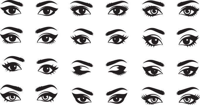Beautiful Female Eyes with Eyeliner and Brows Icon Set