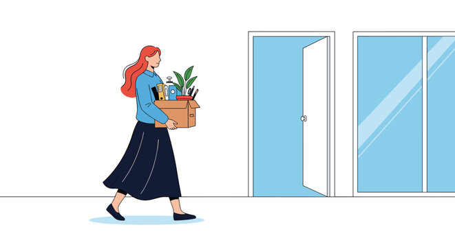 Illustration of a woman carrying a cardboard box of personal belongings out of an office door after being fired.
