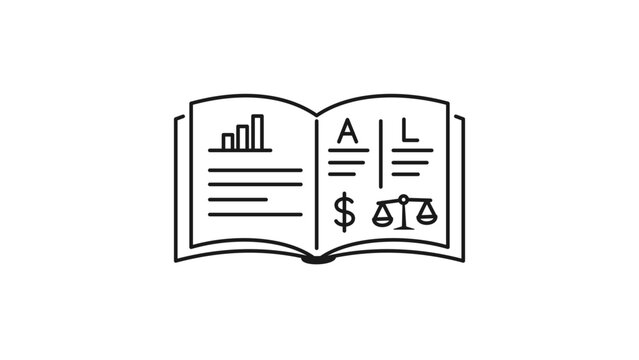 Open book vector icon for fundamental analysis, presenting a minimalist line illustration with an editable stroke for adjustable weight, suitable for financial reports and business research.