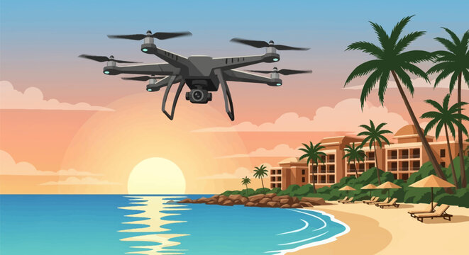 Vector illustration of a black quadcopter drone with a camera flying over a tropical beach resort during a sunset, featuring palm trees, a sandy shoreline, and sun loungers.