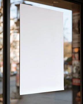 Empty white poster mockup with mounted storefront window display