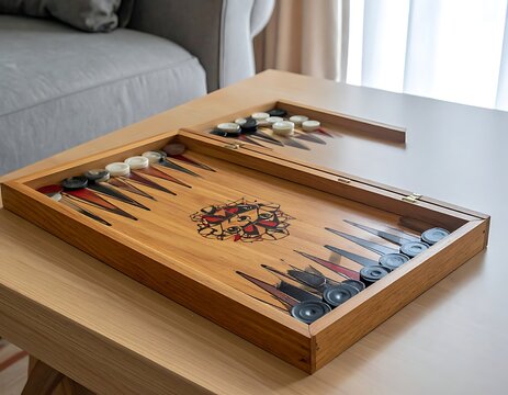 A wooden backgammon board on a light brown table