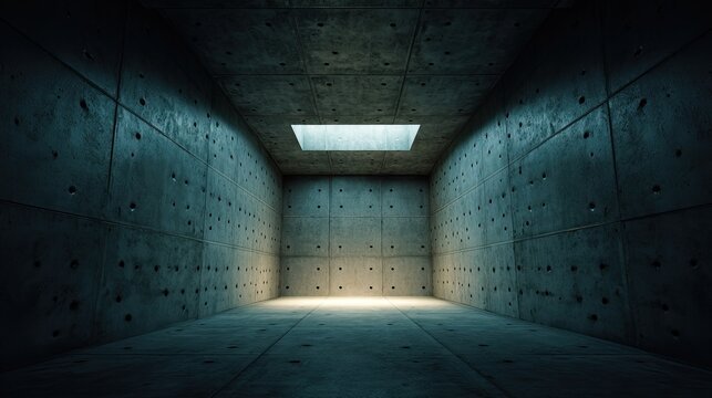 Empty brutalist concrete room illuminated by a single overhead light source and window