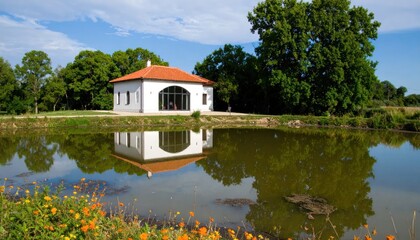 Obraz premium Tranquil White Building Reflected in Calm Pond Surrounded by Lush Greenery.