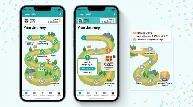 Clean mobile mockup gamified learning app SaveSmart