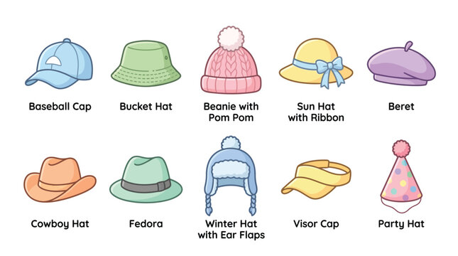 A colorful collection of various hat types, including baseball caps, fedoras, sun hats, and party hats, displayed in two rows.