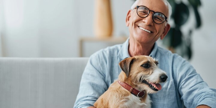 Joyful senior man with glasses smiling while holding his beloved dog indoors