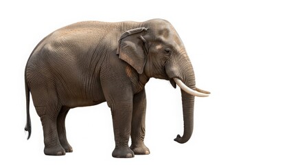 Obraz premium Majestic African elephant with large tusks, powerful bull elephant in profile view, wild safari animal with wrinkled grey skin texture isolated on White Background