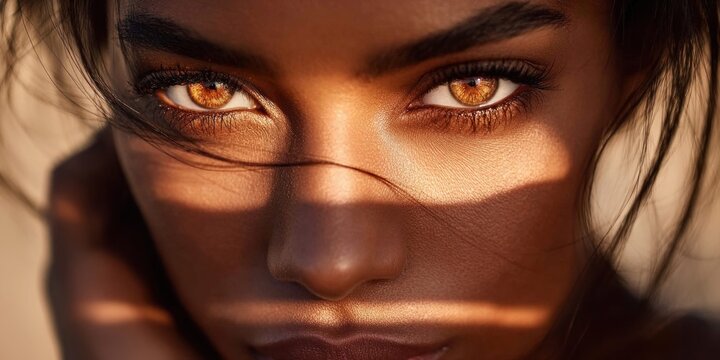 Close-up portrait of a woman's face with striking amber eyes and dramatic sunlight casting shadows