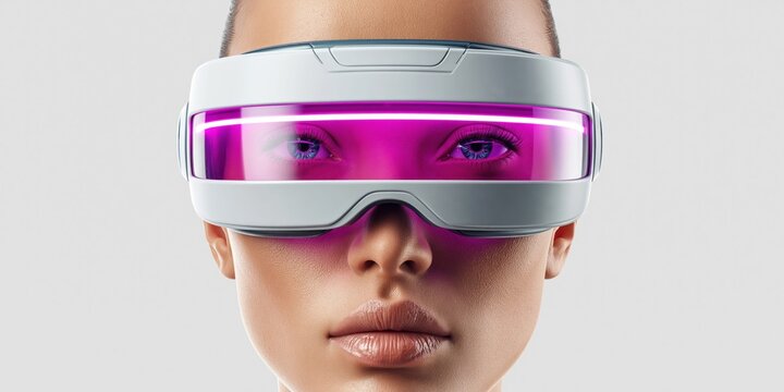 Close-up portrait of a woman wearing futuristic VR headset with glowing pink visor