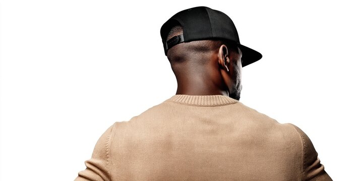 Back view of a man wearing a beige sweater and a black baseball cap
