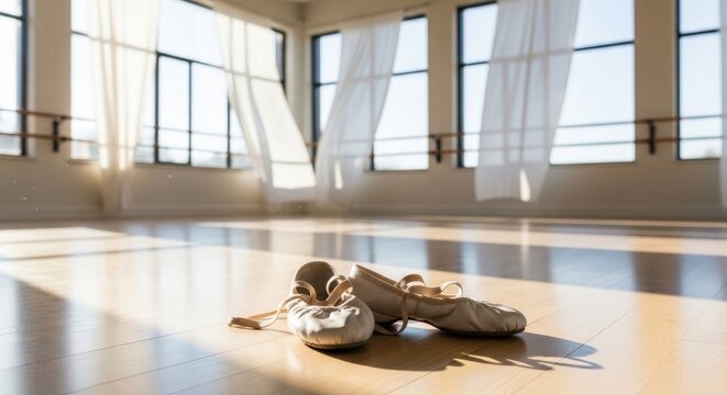 Ballet shoes resting on a sunlit wooden floor in a spacious, airy dance studio with flowing curtains.