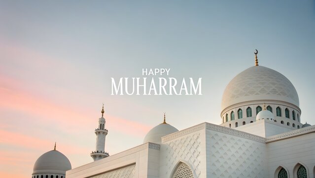 Happy Muharram greeting with white mosque architecture under soft sunrise sky