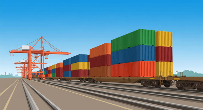 Vector illustration of an intermodal freight train transporting colorful stacked shipping containers along railroad tracks at a terminal with orange gantry cranes and a clear blue sky.