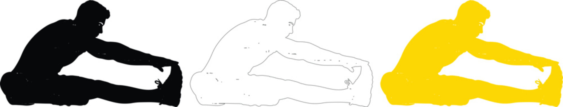 Man stretching hamstring seated forward fold silhouette set in black, outline, and yellow