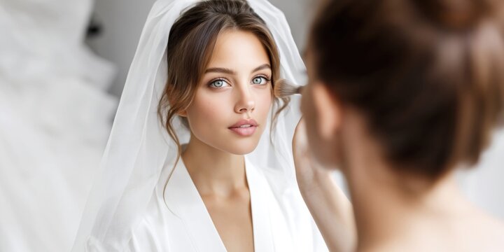 Beautiful bride getting makeup applied by a professional artist before wedding ceremony