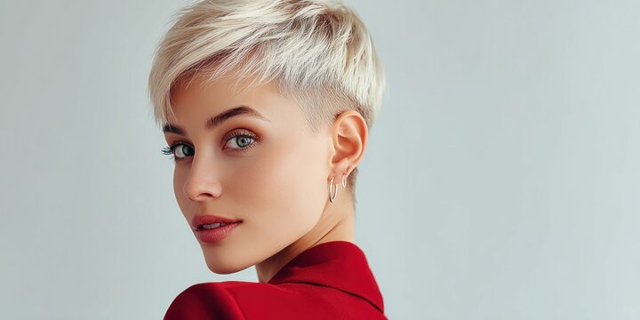 Stylish young woman with a short blonde pixie cut and blue eyes wearing a red jacket