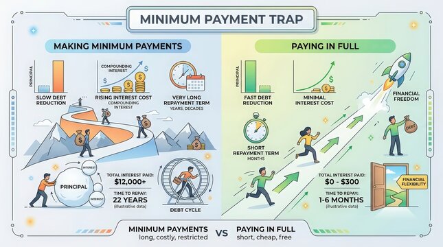 Minimum Payment Trap infographic comparing making minimum payments versus paying in full