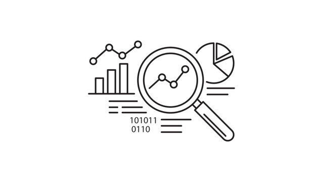 Professional quantitative analysis vector icon with magnifying glass over data bar chart representing financial research and statistics, minimalist line illustration with editable stroke.