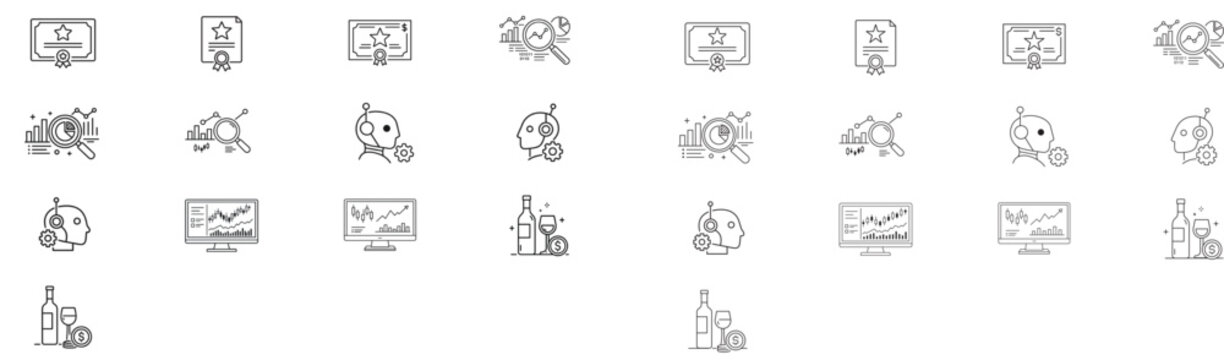 Hand-drawn minimalist vector icon set bundle for business and finance featuring trading terminal, wine investment, preferred stock, quantitative analysis and automated advisor icons with editable