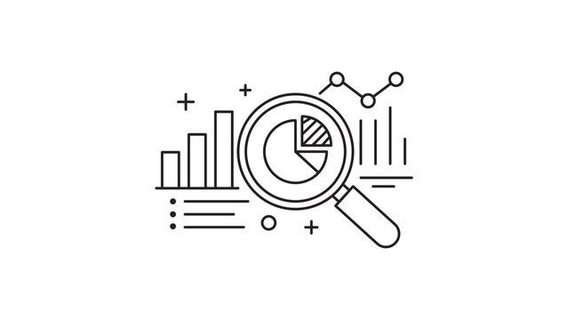 Magnifying glass over statistical bar chart vector icon for quantitative analysis and data research, minimalist black line illustration with editable stroke and adjustable line weight.