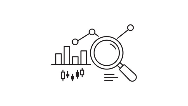 Quantitative analysis vector icon featuring a magnifying glass over financial data charts in a minimalist black line style with an editable stroke, perfect for business and investment research.