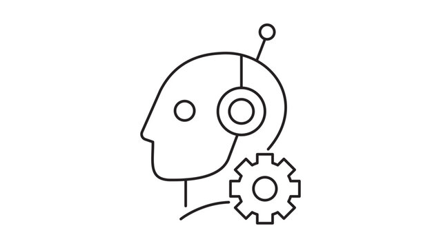 Automated robo advisor robot head vector icon in a sleek minimalist black line style with an editable stroke, ideal for digital banking illustrations and fintech service app interface designs.