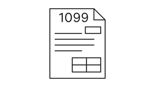 Tax season 1099 form vector icon featuring an editable stroke, minimalist black line illustration of a financial document for accounting, bookkeeping, and IRS reporting on white background.
