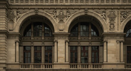 Obraz premium Ornate Classical Building Facade with Sculptural Reliefs and Arched Windows Detail