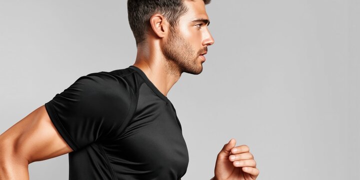 Handsome young man in black athletic shirt running profile studio shot