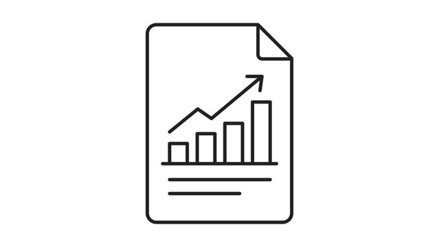 Business financial report paper with bar graph vector icon including editable stroke for adjustable line weight, clean minimalist black line illustration for corporate analysis and data research.