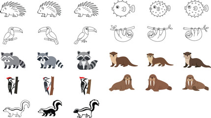 Collection of 27 minimalist wildlife and sea life vector icons set including sloth, toucan, raccoon, and pufferfish with editable stroke weight and customizable line weight for professional branding. © MDNABIULISLAM