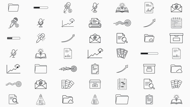 Professional Vector Icon Set of 49 Minimalist Black Line Icons for Business and Creative Design with Editable Stroke. This Collection Includes Cloud Folders, Archive Boxes, Calendars and Mail.