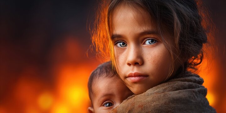 Close-up portrait of a young girl holding a baby with a fiery orange background