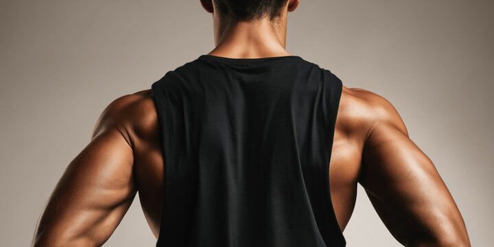 Studio shot of a muscular man's back and shoulders, showcasing defined physique