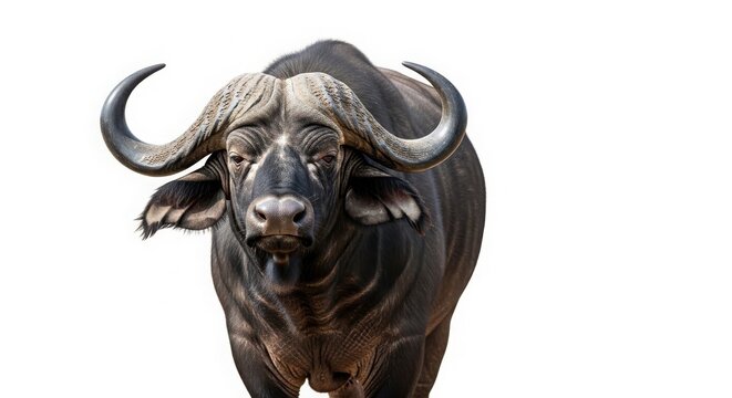 African Cape Buffalo with large curved horns, majestic wild water buffalo portrait, powerful savanna animal wildlife photography isolated on White Background