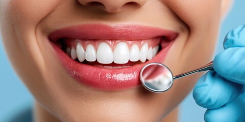 Fototapeta premium Close-up of a woman's healthy white smile during a dental examination